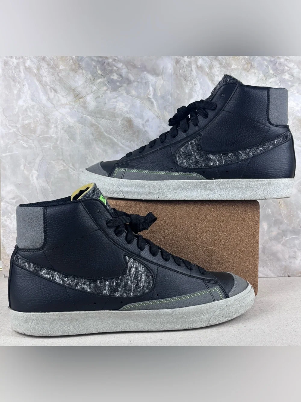 Nike Blazer Mid ‘77 Black Leather Fuzzy Swoosh Sneakers Men’s 12